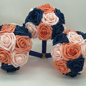 Navy Blush Coral Real Touch Roses Bridal Bouquet l Brooch Bouquet l Wedding Flowers l Corsage l Boutonniere l Jumping Broom l Heirloom
