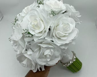 Free Groom’s Boutonniere ~ Customized White Rose Bridal Bouquet: Boutonniere, Corsage & Jumping Broom Set, Wedding Giftl Quinceañera, Prom