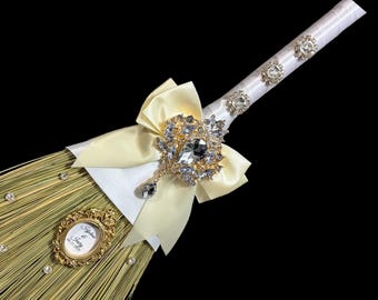 Customized Ivory Wedding Jumping Broom: White Ribbon, Personalized Names & Date