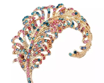 Large Gold Brooch | Leaf Rhinestone l Decorative Lapel Pin | Unique Gift for Her | Jacket, Scarf & Bag Accessory l Initial