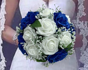 Free Groom’s Boutonniere ~White Royal Blue Real Touch Rose Bridal Bouquet: Quinceañera, Prom, corsage, Jumping Broom