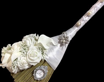 White Wedding Jumping Broom: White Ribbon, Personalized Names & Date