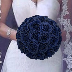 Navy Blue Real Touch Roses Bridal Bouquet l Brooch Bouquet l Bride Flowers l Wedding Corsage l Boutonniere l Round l Quinceanera