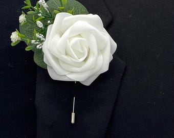 White Rose Boutonniere: Handmade Wedding Lapel Pin, Prom, Formal Wear, Homecoming