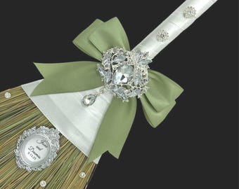 Customized Sage Green Wedding Jumping Broom: White Ribbon, Personalized Names & Date