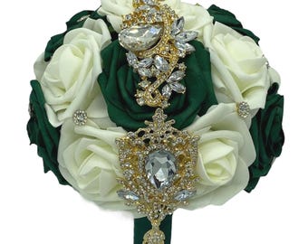 Emerald Green Real Touch Roses Bridal Bouquet l Brooch Bouquet l Bride Flowers l Wedding Corsage l Boutonniere l Round l Quinceanera