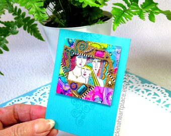ACEO or ATC, Original Mixed-Media Collage, Art Card, Sisters, Girlfriends, Women, Friendship, Home Decor