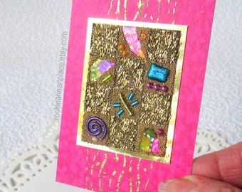 ACEO original art card collage, ATC,  Krazy Quilt Style in Pink and Gold