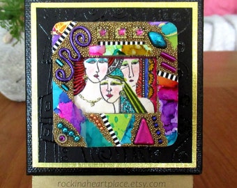 Original Mixed-media Collage on 3" x 3" canvas, with wooden easel for display, Women, Sisters or Best Friends theme