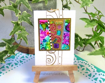 ACEO - Original Mixed Media Art Card, Abstract Microbead Collage, 2 1/2" X 3 1/2", in purple, pink, turquoise and green