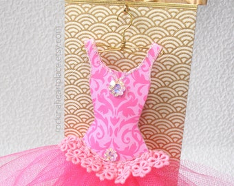 Miniature Pink Paper and Fabric Party Dress or Fairy Attire, with Handmade Wooden Display Stand