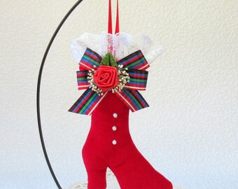 Tree Ornament or Door Knob Hanger,  Victorian-Style Boot in red velveteen, with ribbon, rosette, and lace trim