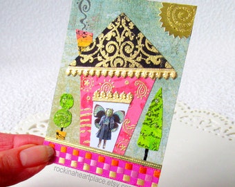 ACEO Collage, Mixed Media Original Art Card, Wonky Fairy House, Hissy Fitz Magic Cottage