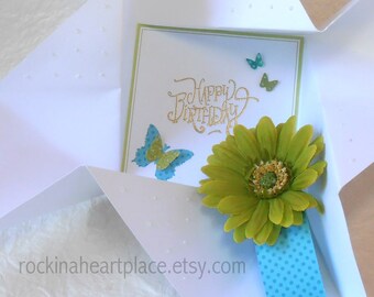 Folded Pinwheel BIRTHDAY Card, in white, with green gerber daisy and turquoise band
