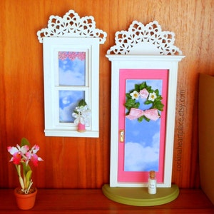 Pink Fairy Door or Tooth Fairy Door and Window, with architectural detail and handmade wreath