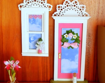 Pink Fairy Door or Tooth Fairy Door and Window, with architectural detail and handmade wreath