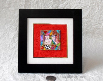 Original Mixed Media Collage,  square frame, wall or table art, sisters, girlfriends, women, best friends