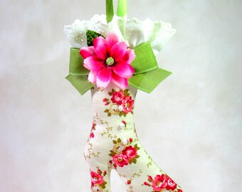 Doorknob Hanger or Christmas Ornament, Victorian-Style Boot in floral pattern, with ribbon and eyelet trim