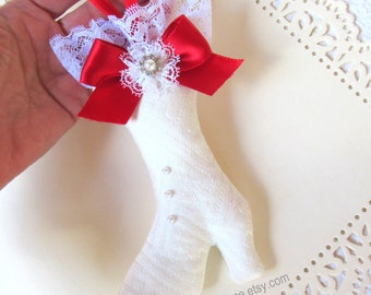 Doorknob Hanger or Christmas Ornament, Victorian-Style Boot in white and red, with ribbon and lace trim