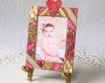 Ornament or Magnet Picture Frame - Microbead Collage Picture Frame with magnet back, in shades of pink and gold