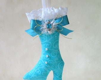 Door Knob Hanger or Christmas Ornament, Victorian-Style Boot in turquoise, with ribbon and lace trim