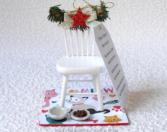 Kitties in Heaven ornament – miniature Christmas scene with empty chair poem, for tree or table top, memorial keepsake for pet,  bereavement