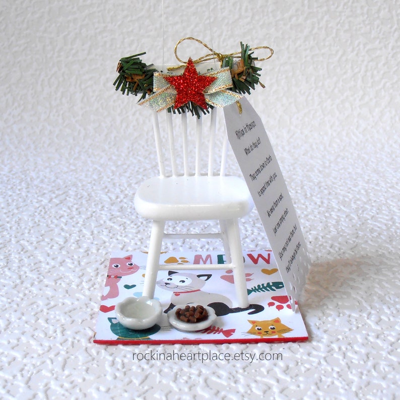 Kitties in Heaven ornament miniature Christmas scene with empty chair poem, for tree or table top, memorial keepsake for pet, bereavement image 1