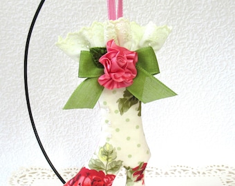 Doorknob Hanger or Christmas Ornament or Doorknob Hanger, Victorian-Style Boot in pink and green, with ribbon and eyelet ruffle