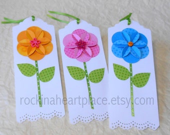 Gift Tags - folded origami flowers in pink, blue and yellow