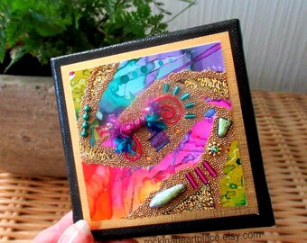 Original Abstract Mixed-media Collage on 3" x 3" canvas, microbead collage in rainbow colors, with wooden easel