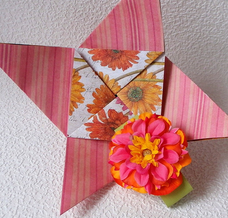 Folded Pinwheel GET WELL Greeting Card, in pink, yellow and orange with coordinating flower image 3