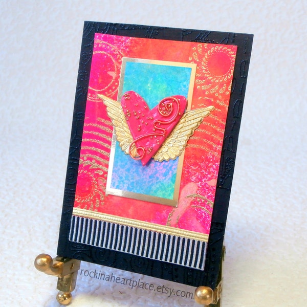 Mixed Media Art, ACEO or ATC, Alis Volat Propriis (She Flies With Her Own Wings), flying heart collage