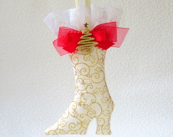 Christmas Ornament or Door Knob Hanger, Victorian-Style Boot in gold swirl pattern, with ribbon and lace trim