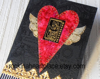 ACEO -  Flying Heart with Hamsa symbol - original art card suitable for framing