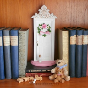 Fairy Door or Tooth Fairy Door, made of wood with architectural detail and tiny handmade wreath, kids room decor, imaginative play