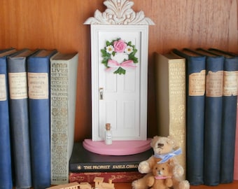 Fairy Door or Tooth Fairy Door, made of wood with architectural detail and tiny handmade wreath, kids room decor, imaginative play