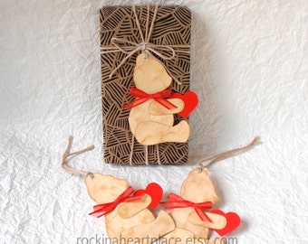 gift tags - tea stained Teddy Bears with red bows, set of 3