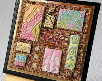 Original Mixed-media Microbead Collage on 3" x 3" canvas, Bits n' Pieces style, in shades of pink and gold, with wooden easel for display