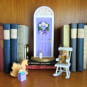 Fairy Door, Tooth Fairy Door or Elf Door, opens outward with sky inside, architectural detail and handmade wreath, fairy info included