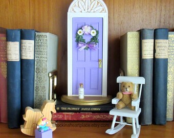 Fairy Door, Tooth Fairy Door or Elf Door, opens outward with sky inside, architectural detail and handmade wreath, fairy info included