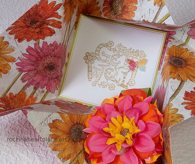 Folded Pinwheel GET WELL Greeting Card, in pink, yellow and orange with coordinating flower image 1