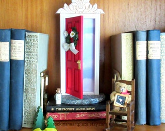 Red Fairy Door or Tooth Fairy Door, opens outward, with architectural detail, handmade wreath and Fairy Dust