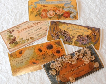 5 Vintage (looking) French Perfume adhesive labels, destash