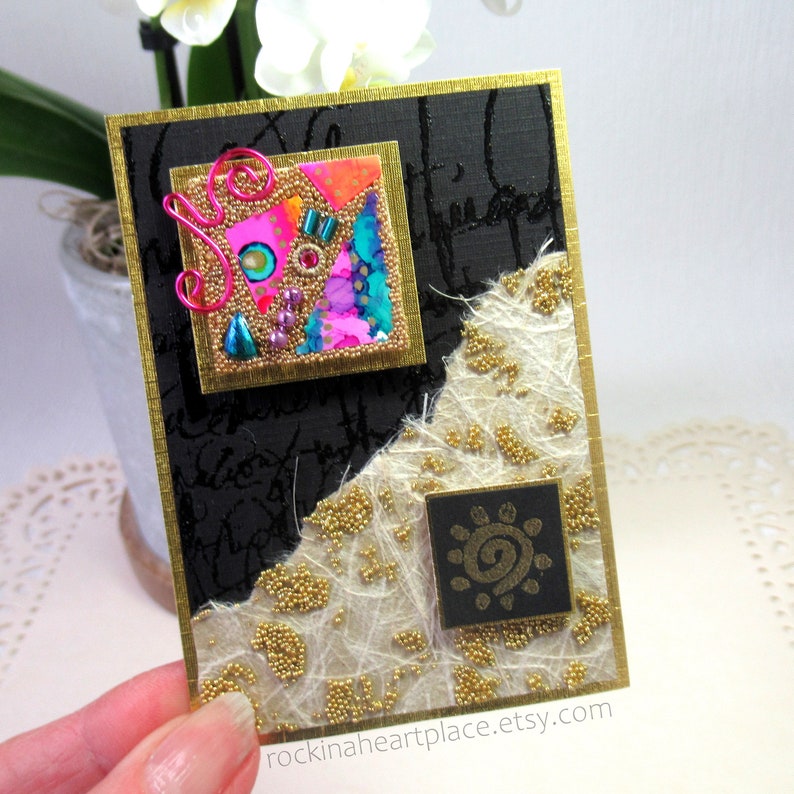 ACEO Original Collage Art, Mixed Media Abstract Microbead Collage, Art Card, ATC image 1