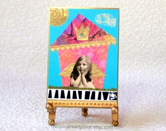ACEO, ATC, Original Mixed Media Collage, Art Card, Wonky House, Angel, Wings, Vintage Image