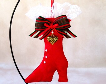 Doorknob Hanger or Tree Ornament, Victorian-Style Boot in Red Damask, with Heart Charm, Ribbon and Lace Trim