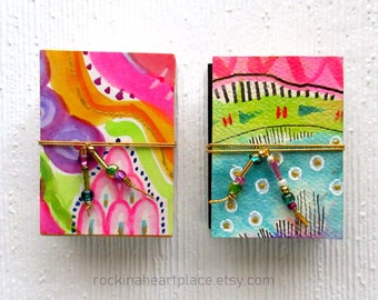 Miniature Accordian Folded Books (blank inside) set of 2, with watercolor covers, for scrapbooking, journaling, sketching