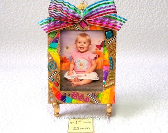 Christmas Ornament or Fridge Magnet - Microbead Collage Picture Frame with magnet back, in rainbow colors