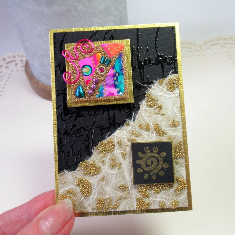 ACEO Original Collage Art, Mixed Media Abstract Microbead Collage, Art Card, ATC image 3