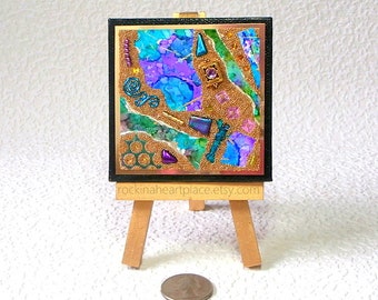 Original  Mixed-Media Collage on 3" x 3" Canvas, with Wooden Easel for Display, Bits n' Pieces Style Microbead Collage